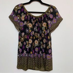 🌼 Fei Anthropologie Boho Floral Peasant Top M Black Purple Olive